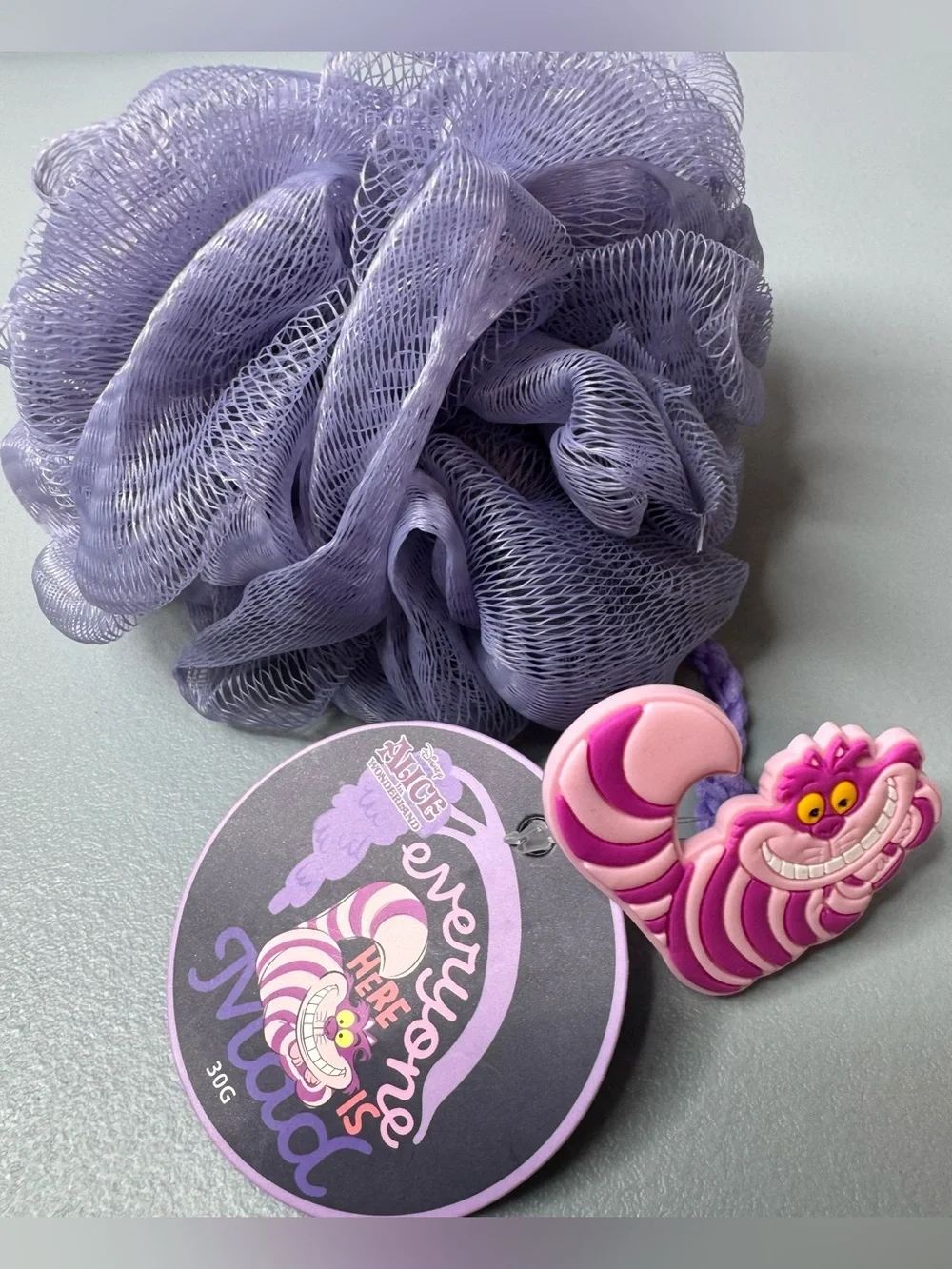 Disney Alice in wonderland lavender Mesh Bath Pouf with Cheshire Cat Charm scrub